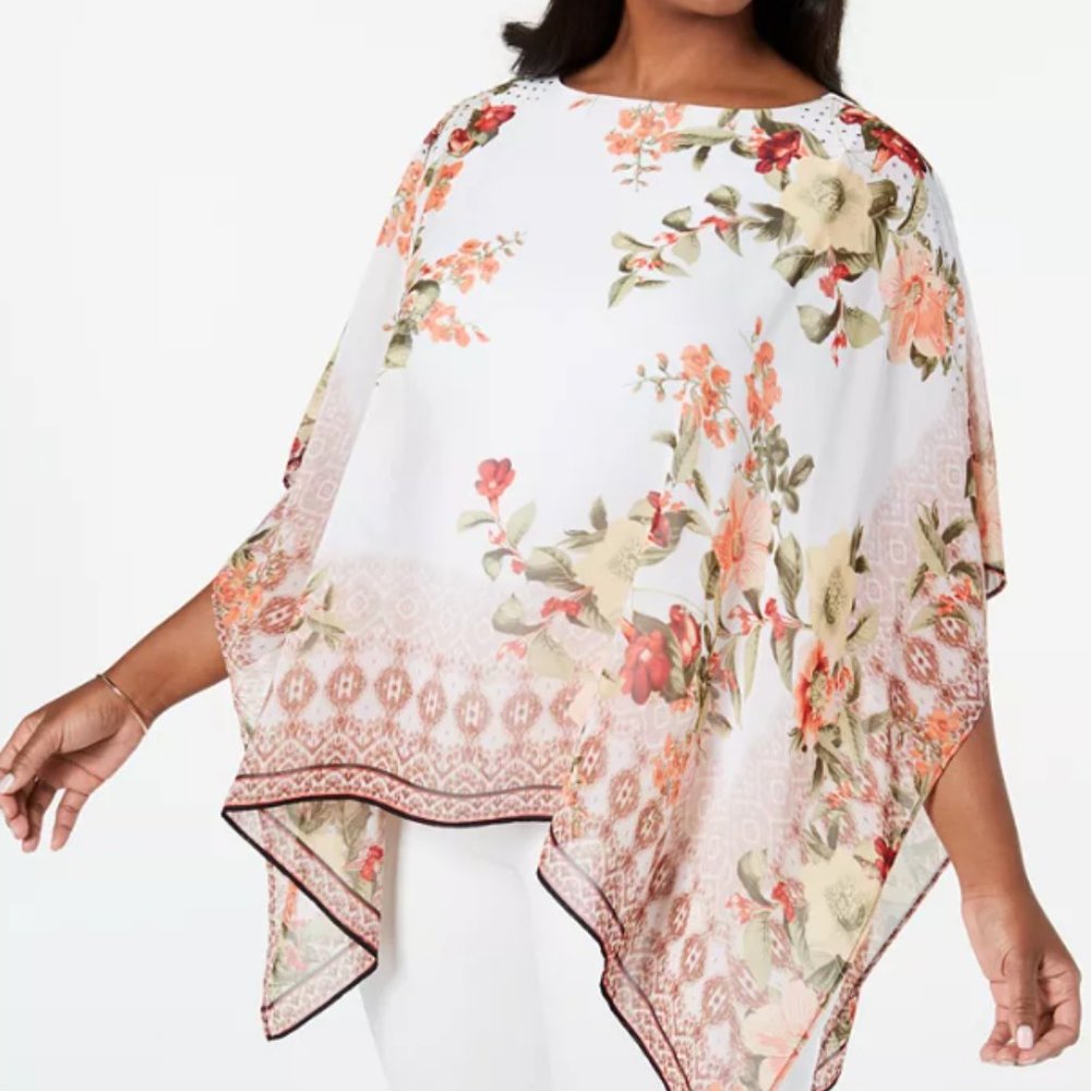 Floral-Print Poncho with Flutter Sleeves Size 1X